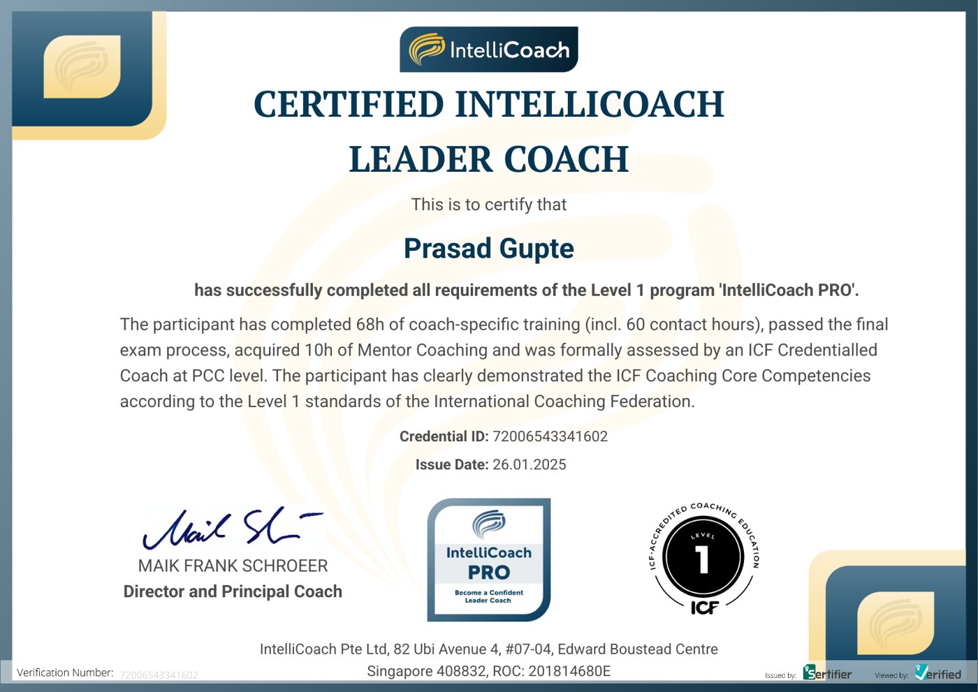 Certified IntelliCoach Leader Coach certificate for Prasad Gupte — ICF Level 1, issued January 2025.