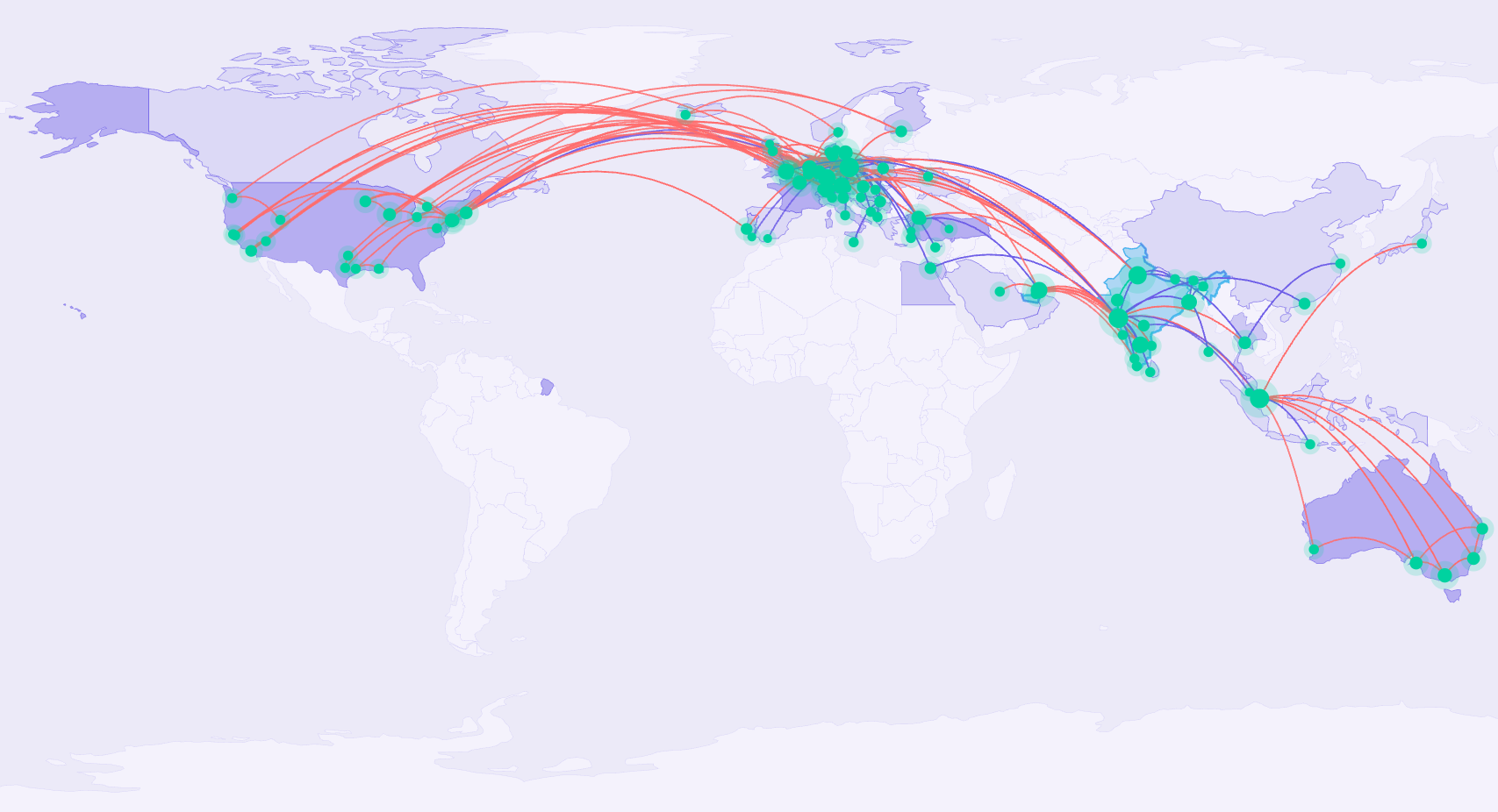 A world map showing the flight routes Prasad has flown.