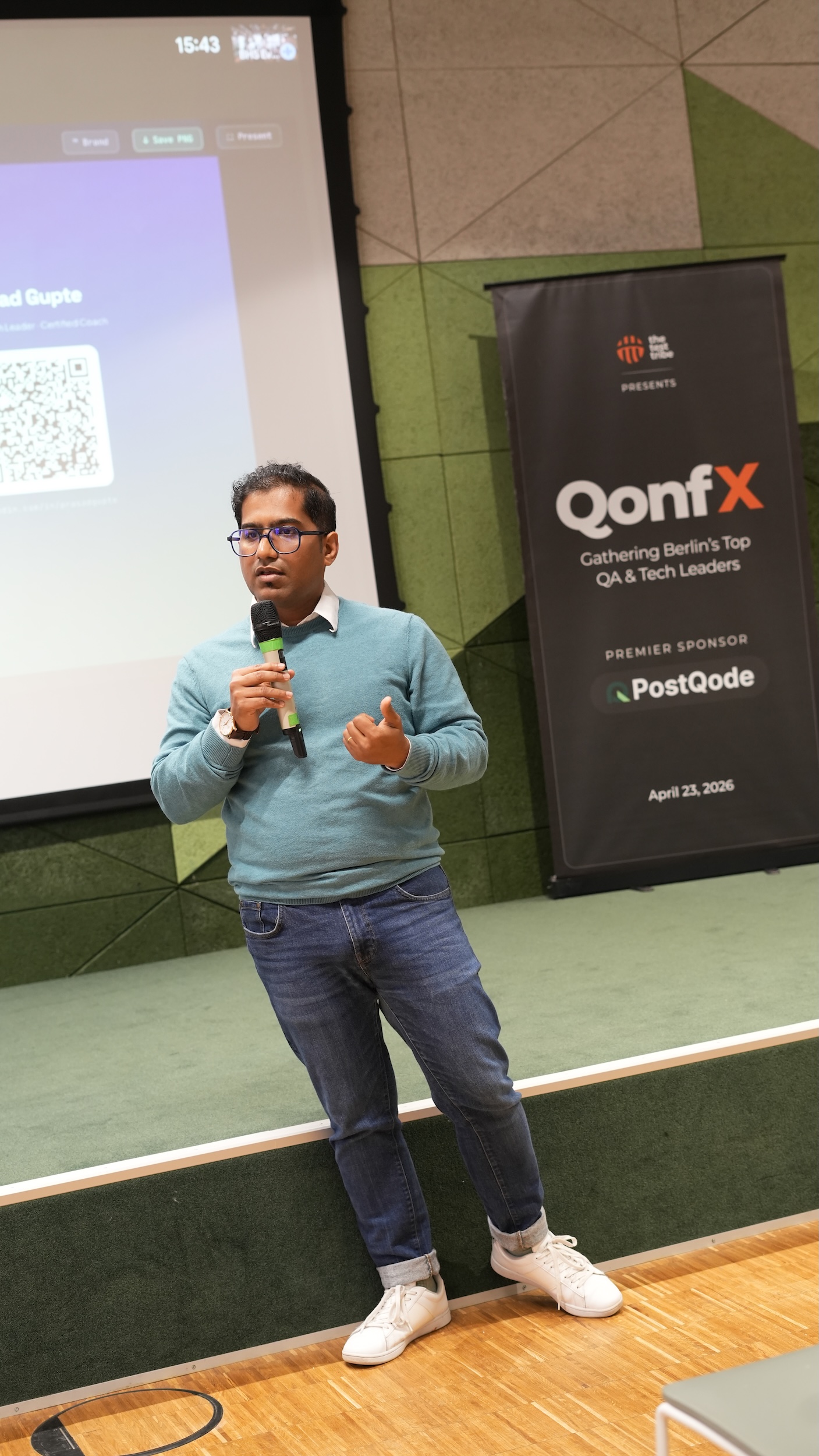 Prasad on stage at QonfX Berlin 2026.
